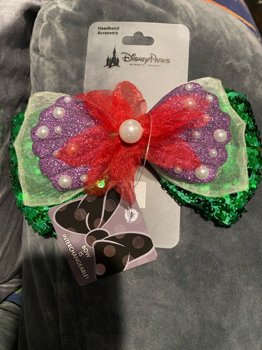 Disney Parks Ariel Green Sequin Bow Headband with Silver Accent